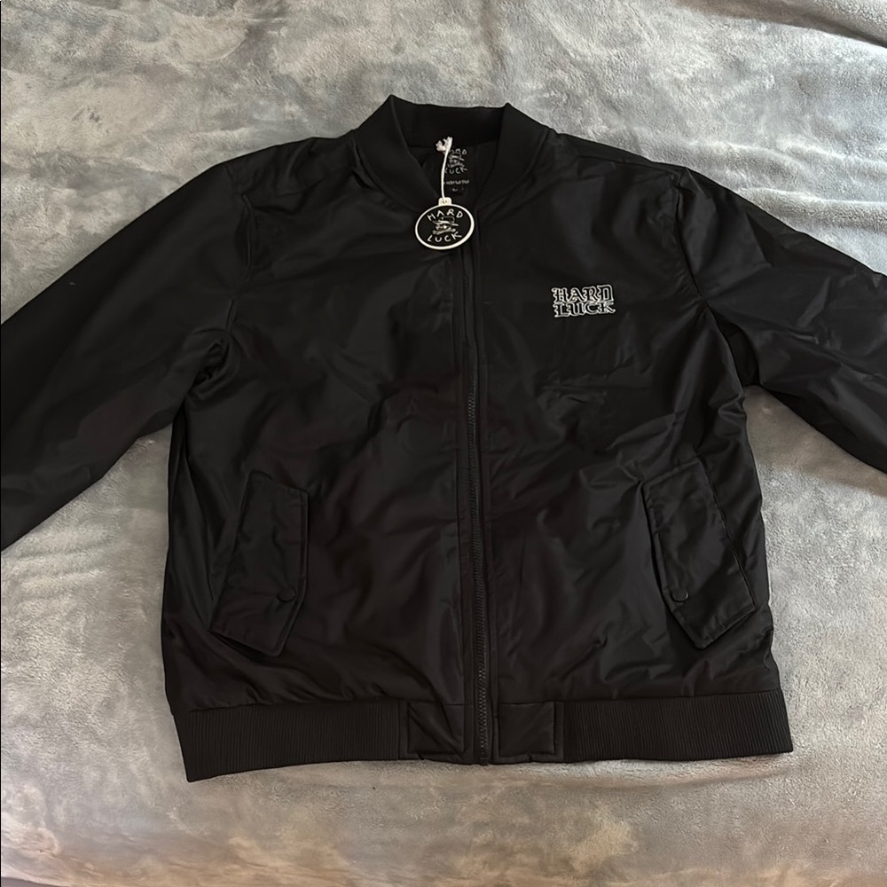 Black Bomber Jacket with Ribbed Cuffs and Stand-Up Collar